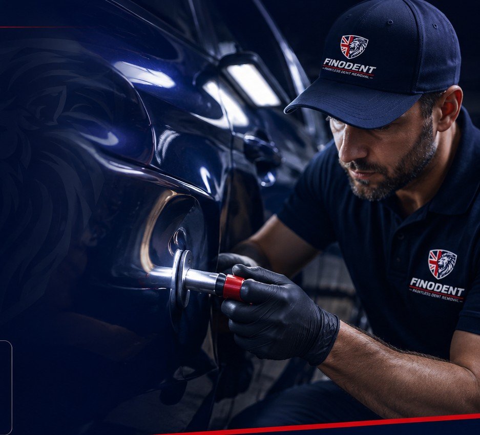 Paintless dent repair technician working on a vehicle panel
