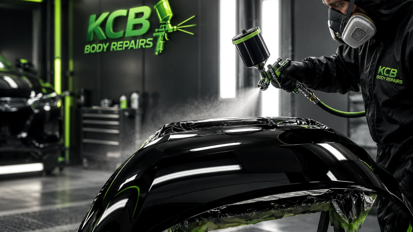 Automotive spray technician refinishing a body panel in a dark modern workshop