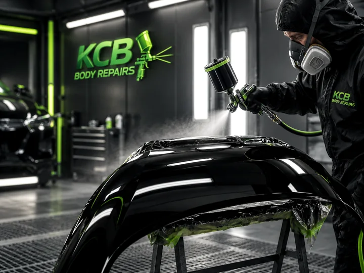 Spray technician applying automotive paint in a workshop