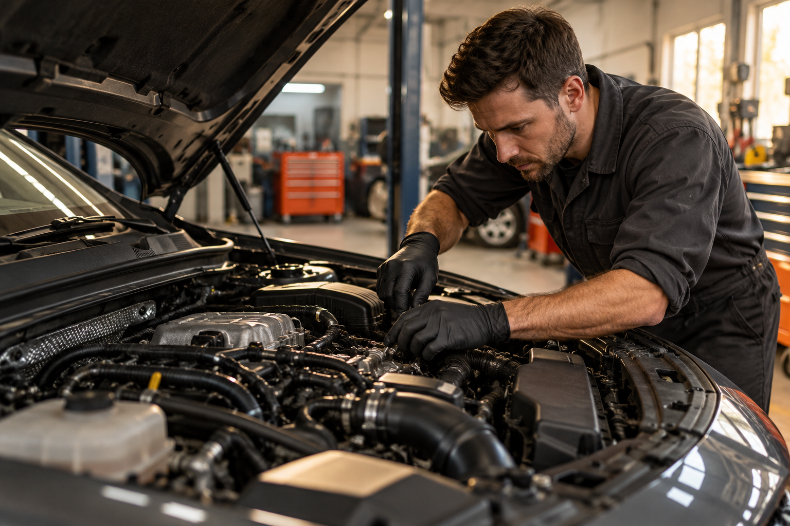 Illustrative image of a mechanic working on a car engine
