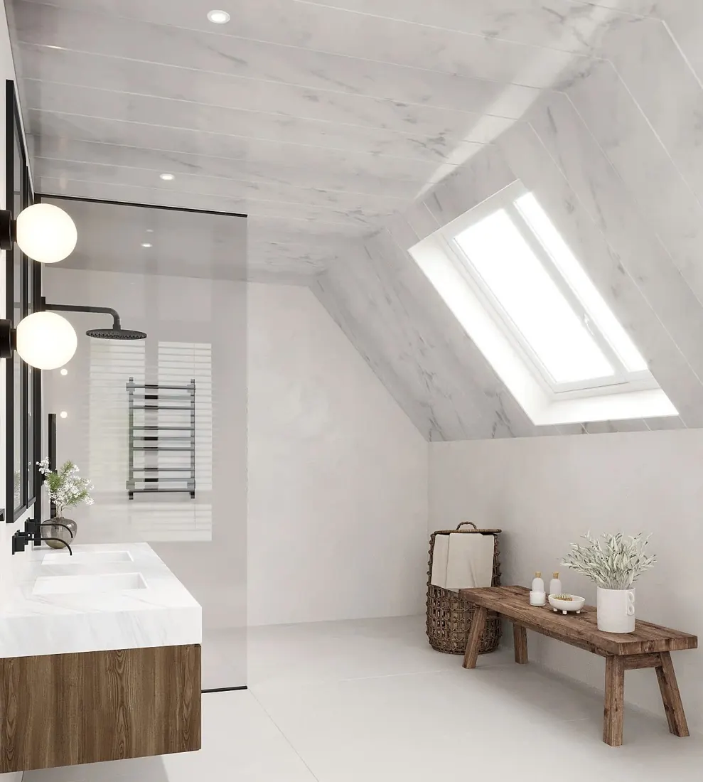 Bright bathroom with white marble-effect wall panels and skylight