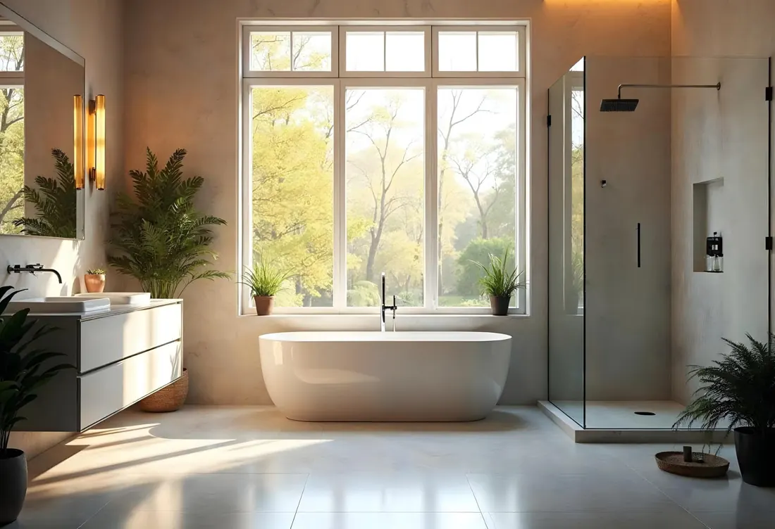 Bathroom with freestanding bath and large windows