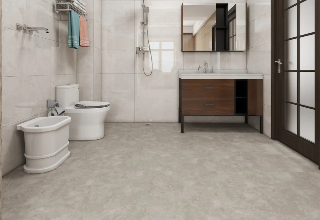 Modern bathroom with grey SPC flooring