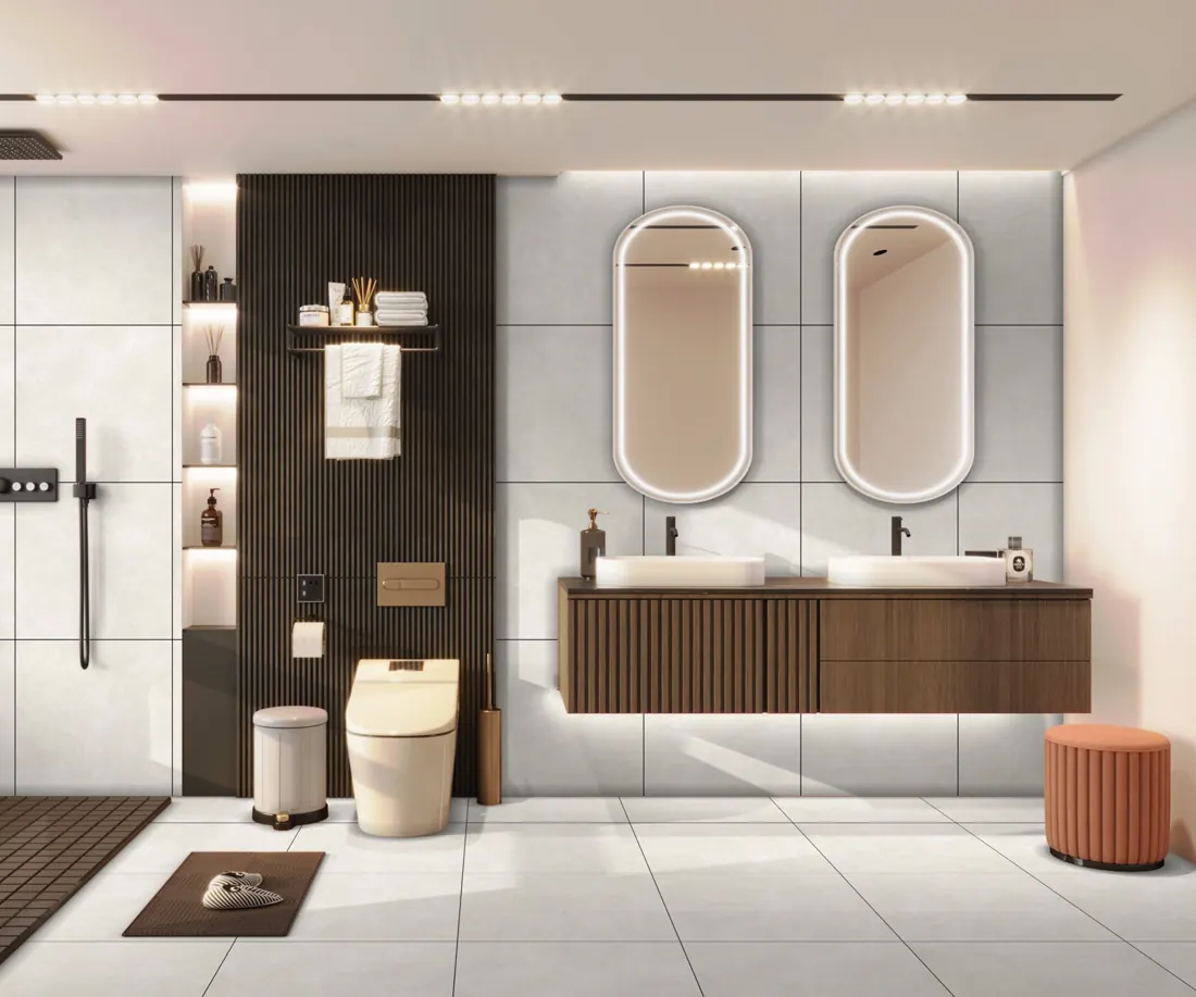 Bright bathroom with large light tiles and wooden vanity