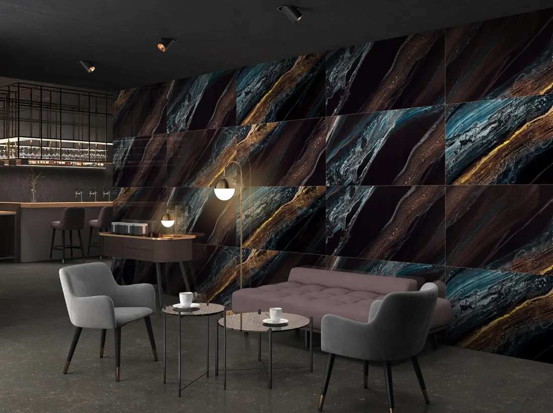 Bar and lounge with dramatic marble feature wall
