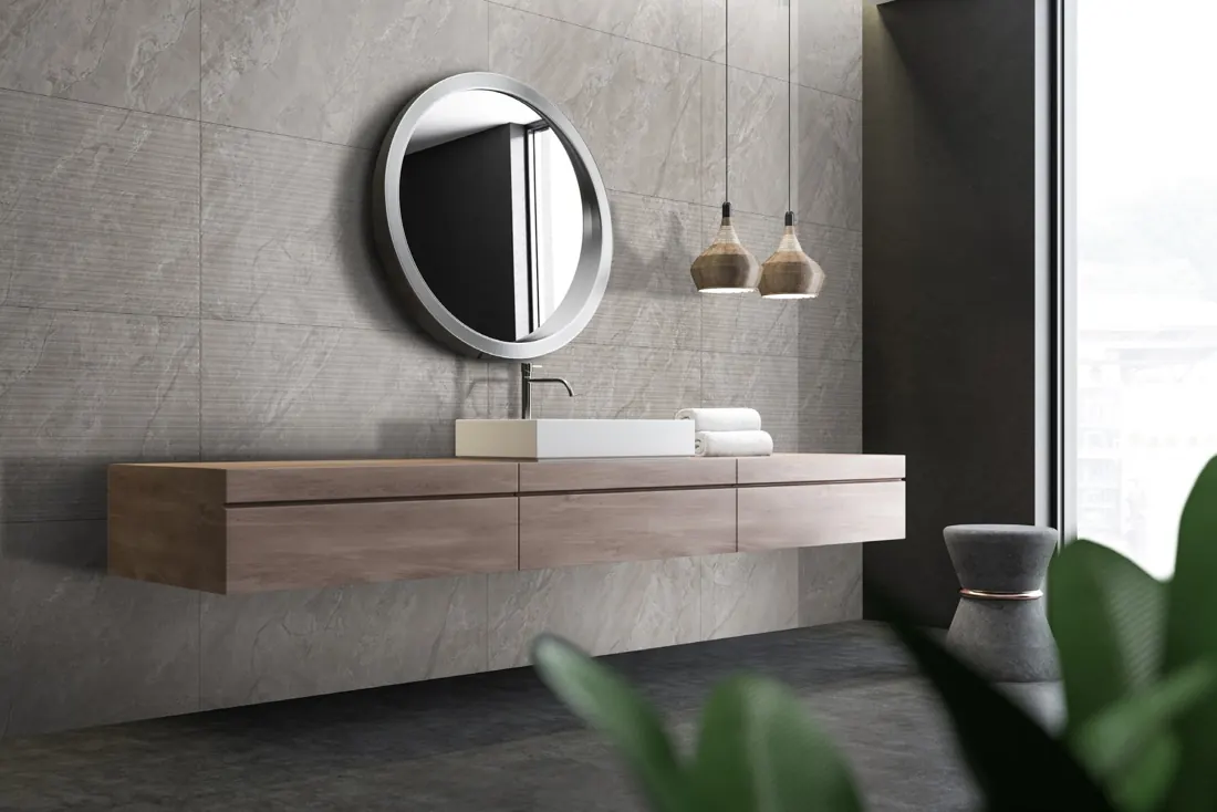 Bathroom with grey stone-effect wall and floating vanity