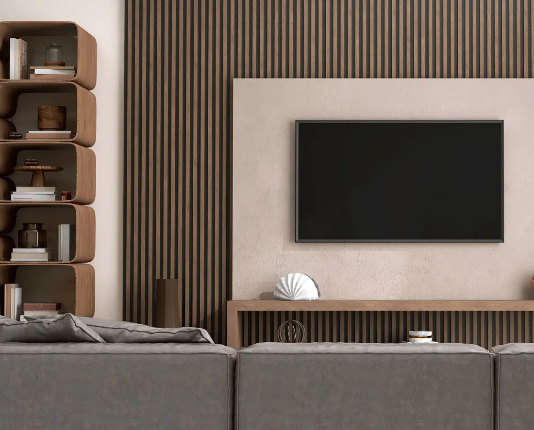 Timber slat feature wall behind a TV unit