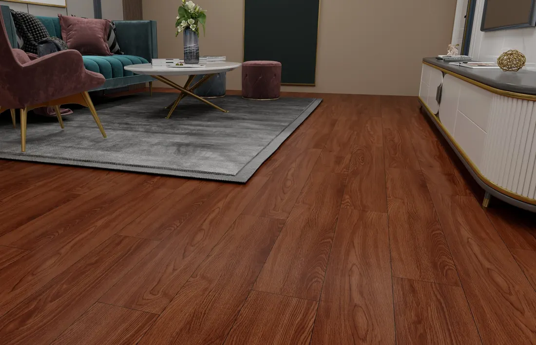 Dark timber-effect SPC floor in a bedroom