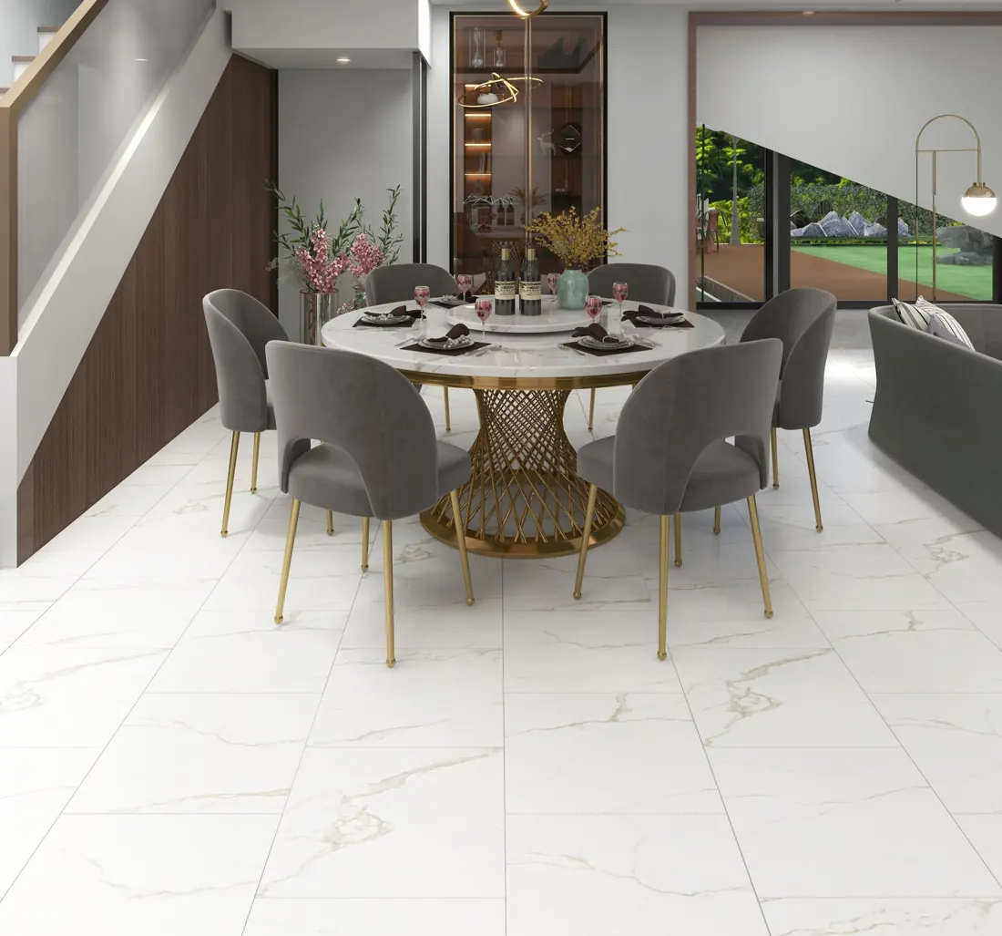 Dining area with white marble-effect floor tiles