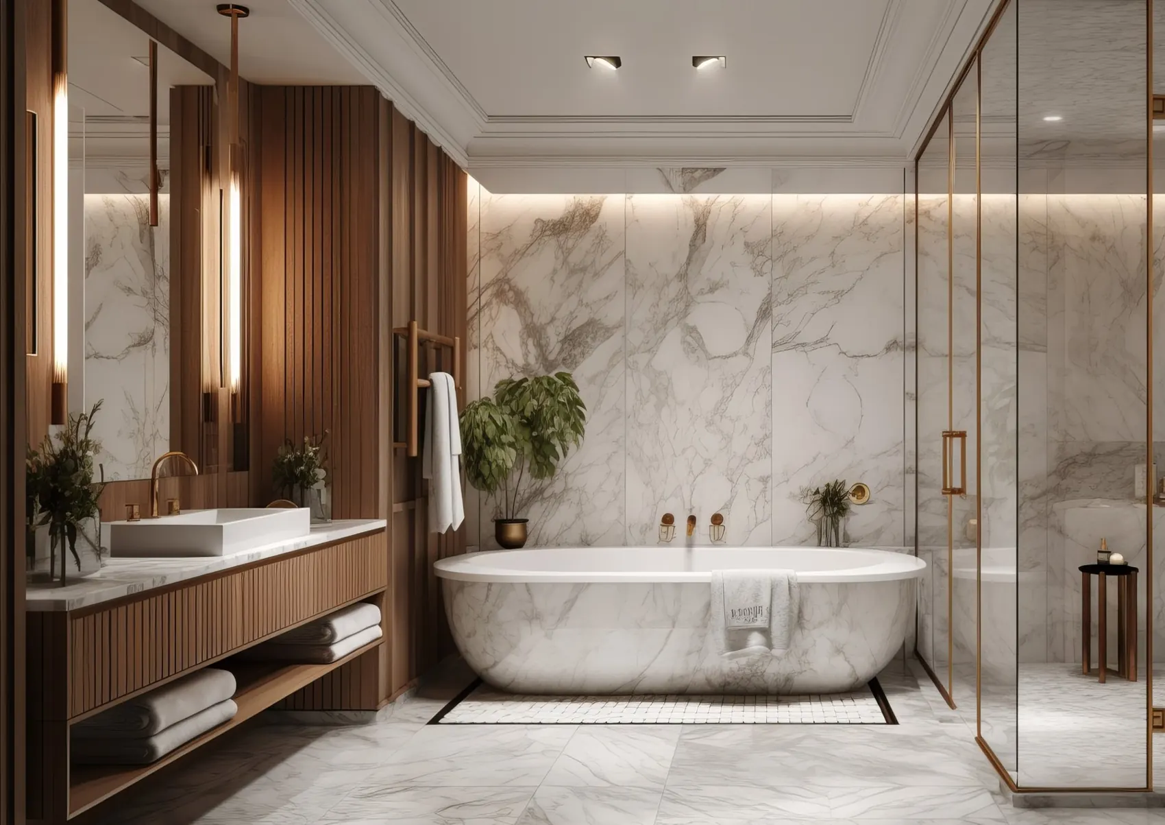 Marble-effect wall panels in a bright bathroom