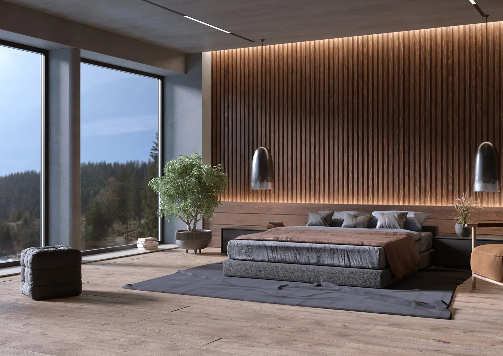 Timber-effect acoustic slat wall behind a bed