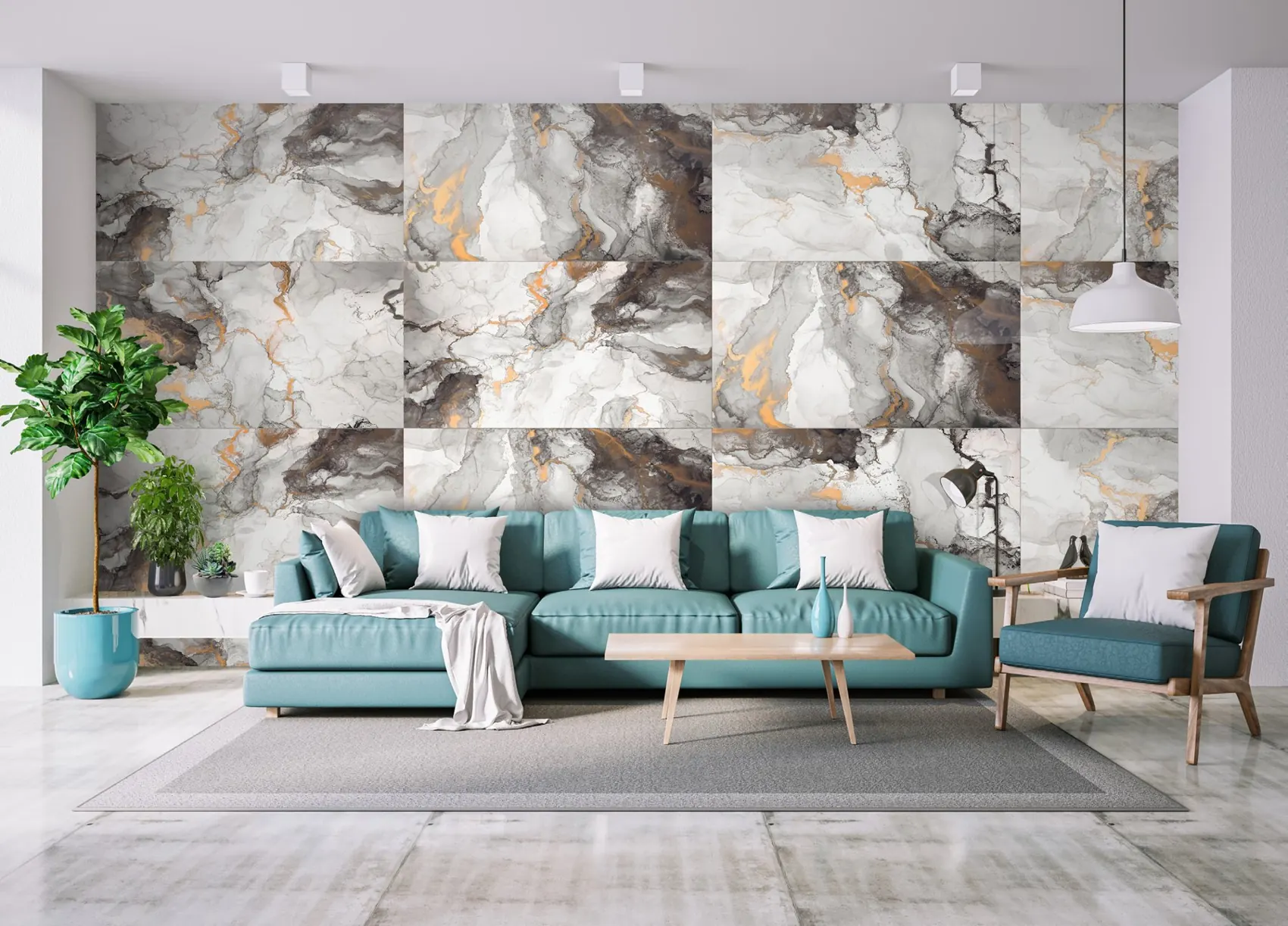 Large-format marble porcelain tiles in a living room