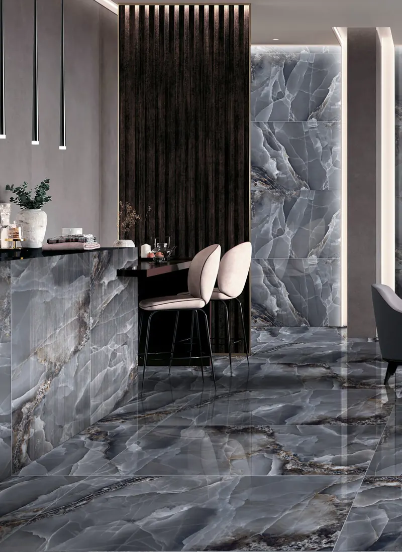 Dark blue marble tiled floor with a wooden coffee table
