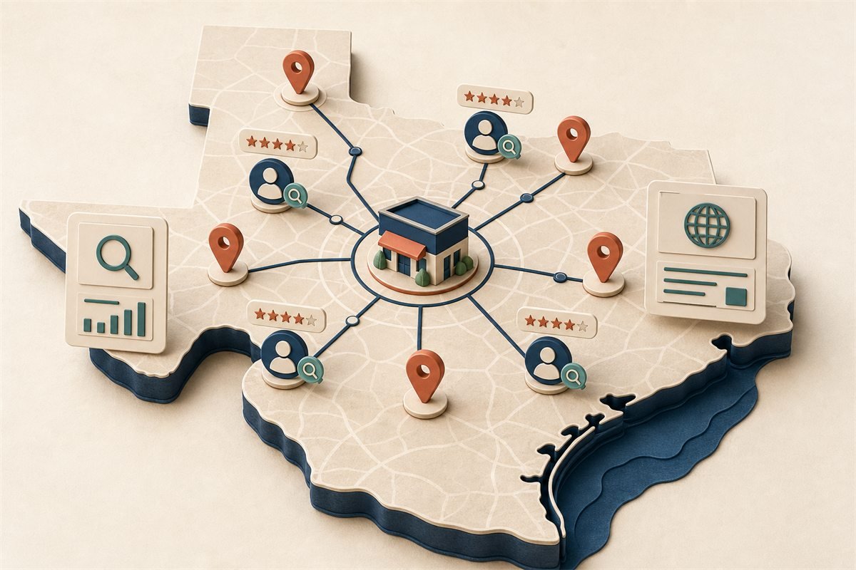 Texas local SEO map connecting a service business with nearby customers