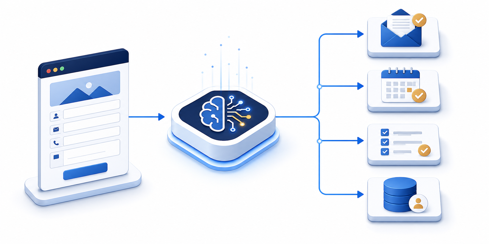 AI automation workflow connecting a website enquiry to email, calendar, tasks and a customer database