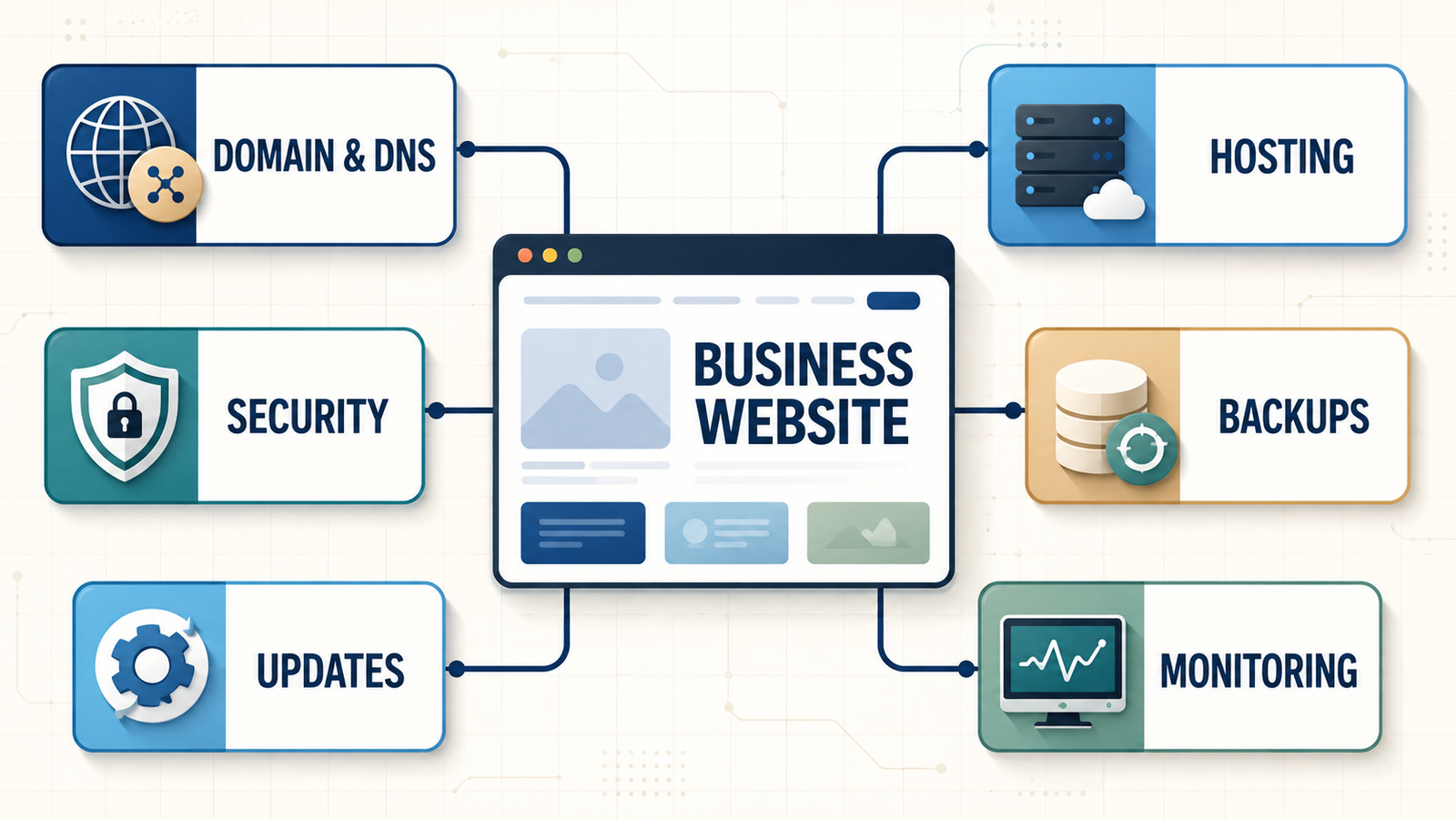 Australian managed website care plan connecting domain, hosting, security, backups, updates and uptime monitoring