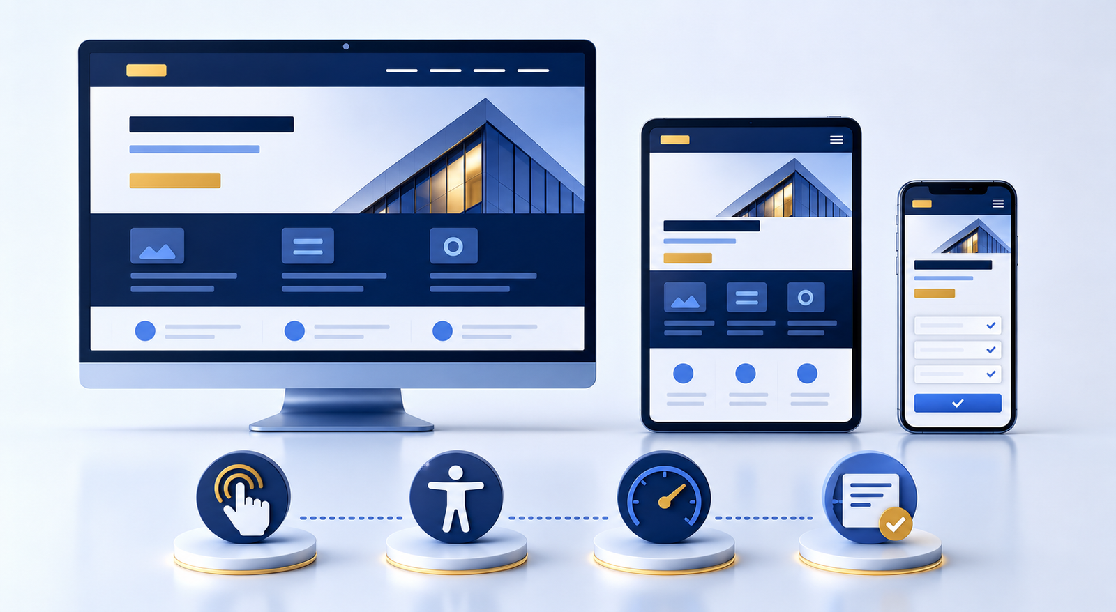 Responsive business website shown across desktop, tablet and mobile with touch, accessibility, speed and form-completion symbols