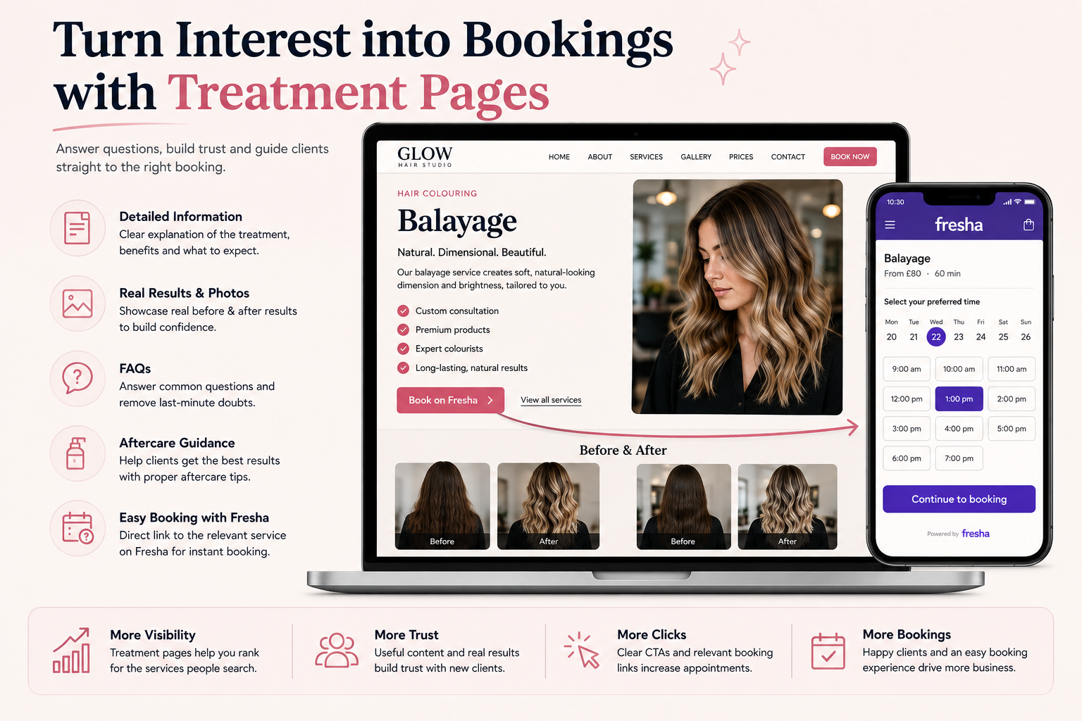 Salon treatment website page guiding an interested client towards a relevant Fresha booking
