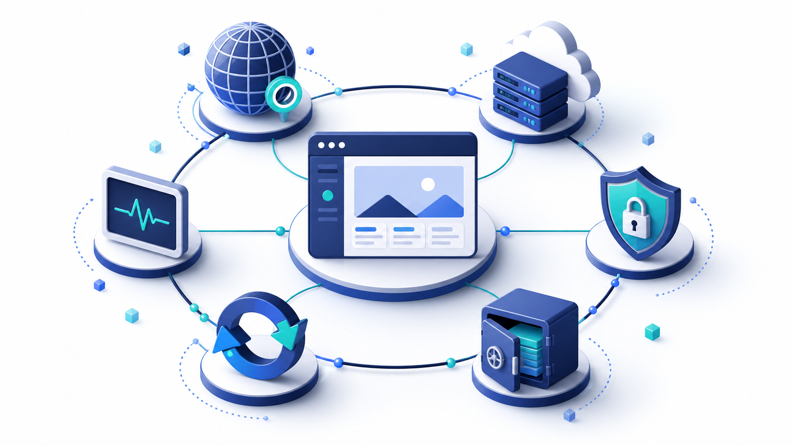 Managed website care plan connecting domain, hosting, security, backups, updates and uptime monitoring