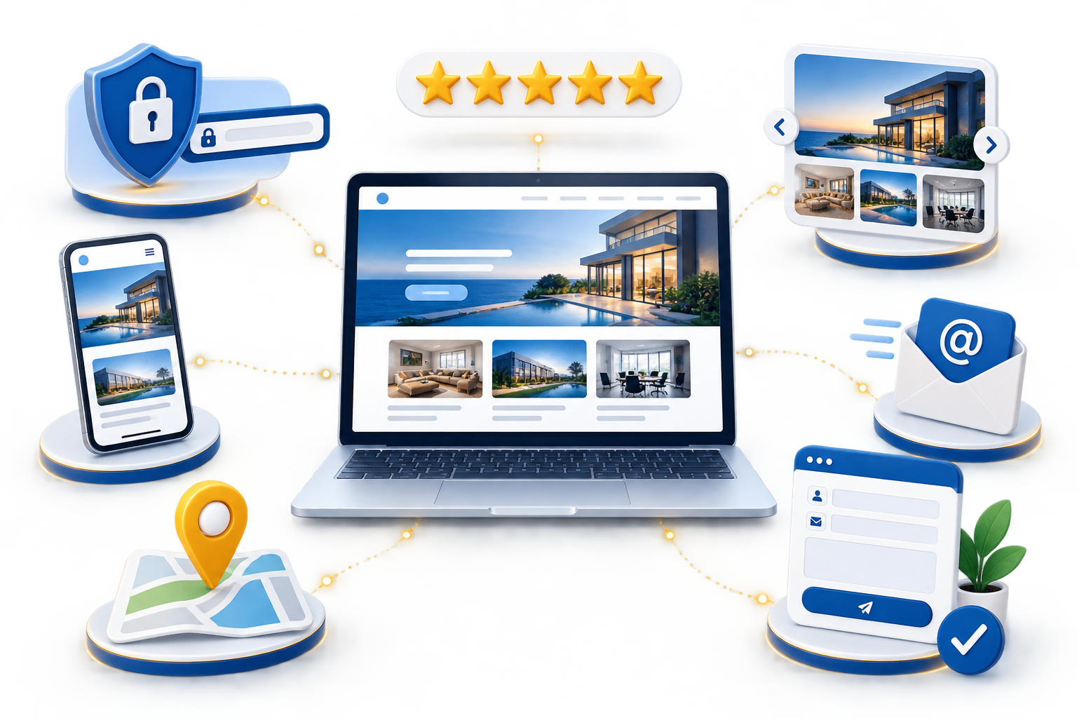 Professional website surrounded by trust signals including security, reviews, portfolio, mobile usability, location, email and contact form