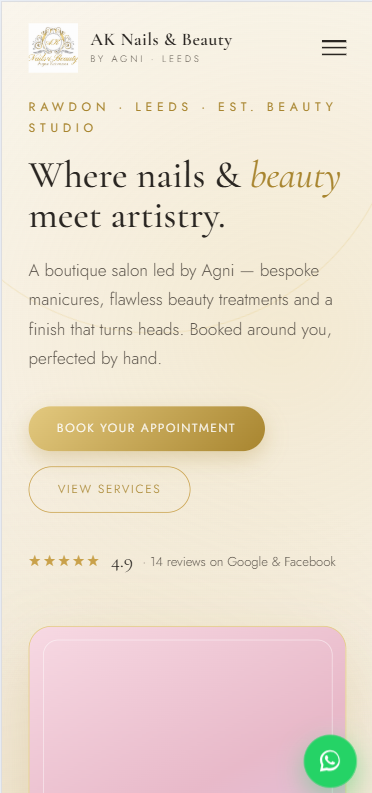 Nail Salon Website Design — AK Nails & Beauty by Agni, Leeds UK mobile screenshot