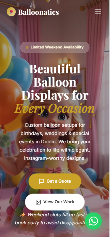 Balloon Decor & Event Business Website Design — Balloonatics, Dublin mobile screenshot