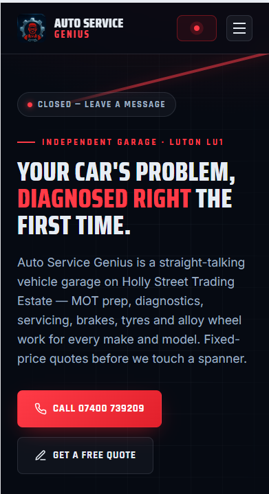 Auto Garage Website Design — Auto Service Genius, Luton UK mobile screenshot