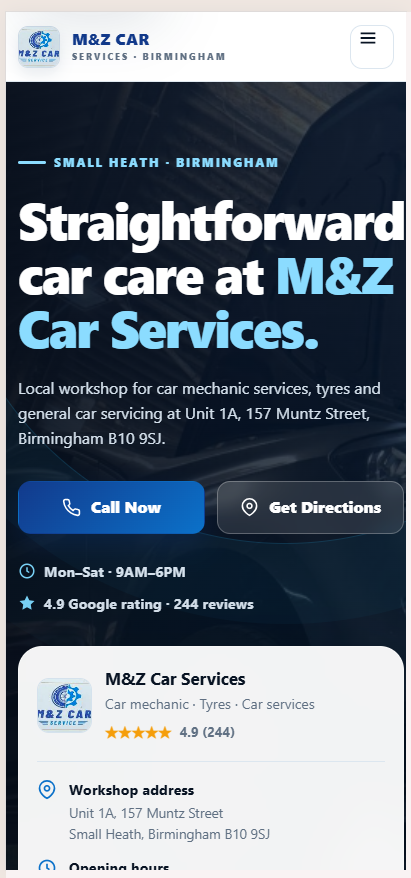M&Z Car Services Birmingham Website Demo mobile screenshot