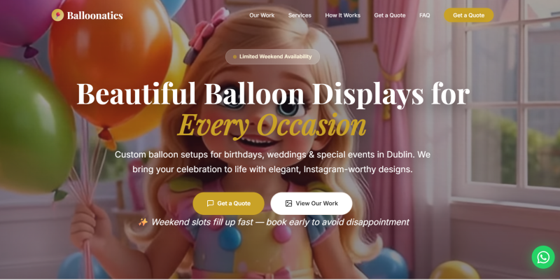 Balloon Decor & Event Business Website Design — Balloonatics, Dublin website preview