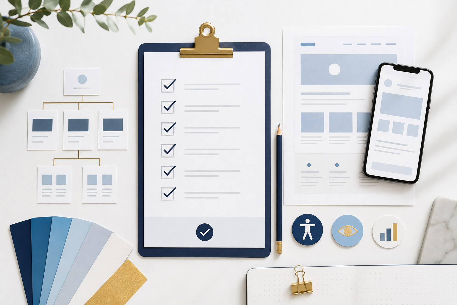 Website redesign planning checklist with sitemap, desktop and mobile wireframes, colours, accessibility and analytics
